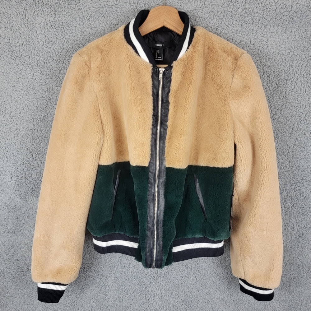 Forever 21 Soft Faux Fur Lined Varsity Jacket Color Block Striped Trim size L